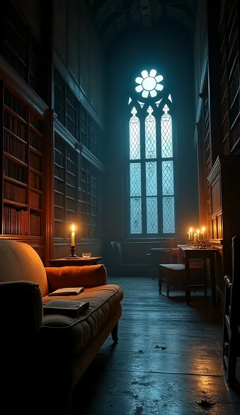 Abandoned Gothic Mansion with Candlelight (Low-Angle, Deep Shadows, Foggy Windows)
A massive, abandoned Victorian mansion with towering bookshelves, antique furniture, and flickering candlelight. The camera captures a dimly lit corner of a velvet couch, wi...