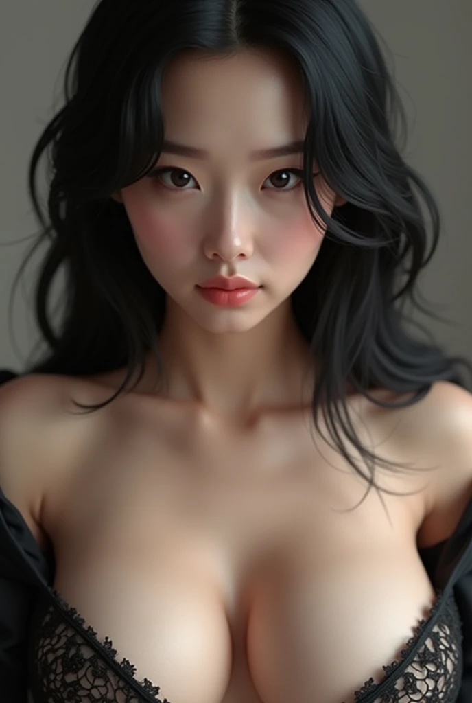 generate me a close-up of a woman's cleavage with hair on the sides showing too. Make her hair black, and also make her skin pale. Make her cleavage a B cup. STYLE: realism