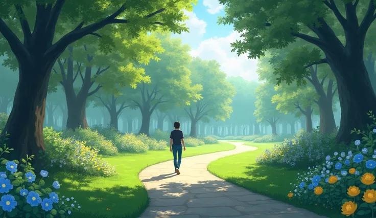 A serene park with a walking path, trees, and flowers. A person (the protagonist) is walking alone, lost in thought.
- Color palette: Green, blue, and yellow to evoke a sense of calmness and nature.
- Mood: Peaceful, contemplative.