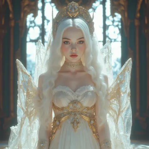  A beautiful 18-year-old girl who is a princess in a huge luxurious temple with windows of pure light. She is an albino EUROPEAN with European features . She has very long SILVERY-WHITE hair like snow,  silky and shiny, her white hair is COLLECTED with gem...