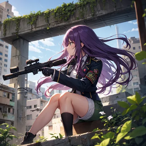 Woman with long purple hair , He wears a green military suit with shorts and a serious face. He's in a city devastated by war.  foreground , 