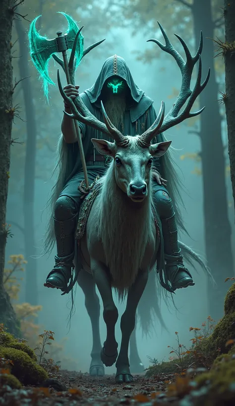 The Spirit Walker and His Ghostly Stag:
A mystic ghostly barbarian, adorned with glowing tribal tattoos, wielding a huge battle axe, ride into war stag, whose horns crackle with supernatural energy through an ancient forest.     