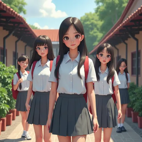 real indonesian girls wear high school uniform, white top ,  grey bottom skirt