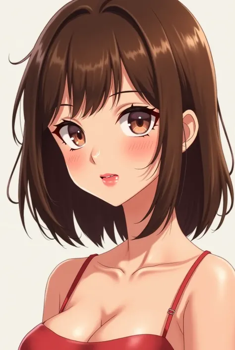 American western art style anime ish but realistic anime, average looking girl with brown hair, shoulder length, slightly parted revealing ear, light pink red ish lipstick, medium chest bust, cute but face of pleasure, aged 22, not too good looking/average...