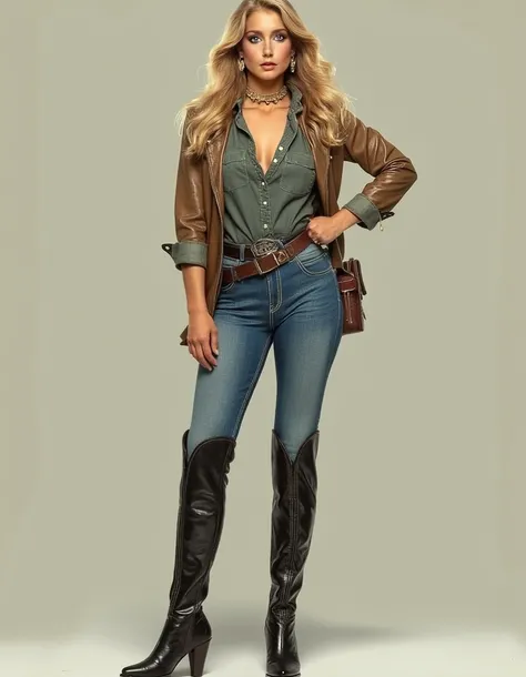 Woman inspired by the aesthetics of vintage space opera.,  with elongated facial features , 165 cm tall, to have a blonde , Waist ,  Wavy hair with V-shaped bangs , and blue eyes.  She wears tight and tight jeans with high boots on top .,  adding an equest...