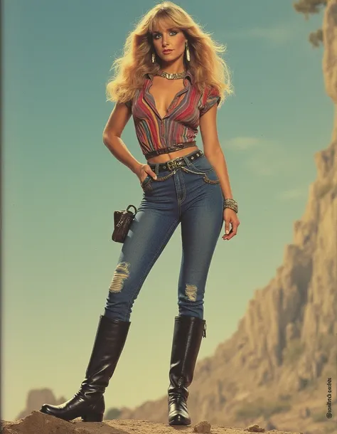 Woman inspired by the aesthetics of vintage space opera.,  with elongated facial features , 165 cm tall, to have a blonde , Waist ,  Wavy hair with V-shaped bangs , and blue eyes.  She wears tight and tight jeans with high boots on top .,  adding an equest...