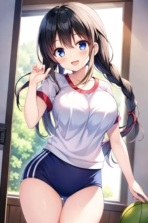 ( ã), ( 1 girl), (  black hair:1.1),  ( braided), (glass), (D cup breasts), (smile), (:d), ( intricate iris detail), ( gym clothes), ( white shirt), ( and stare at the viewer), (thigh), ( backlight:1.1)