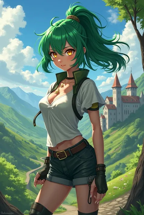 Anime tom boy woman green hair and yellow eyes in Middle Ages.