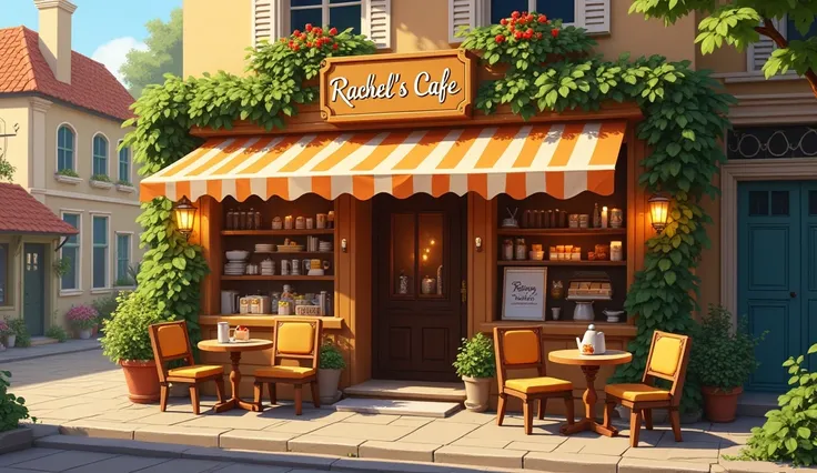 A small, cozy café with a warm and inviting exterior. The sign above the door reads "Rachel's Café".
- Color palette: Warm colors like beige, brown, and golden yellow to create a cozy atmosphere.
- Mood: Curious, inviting.