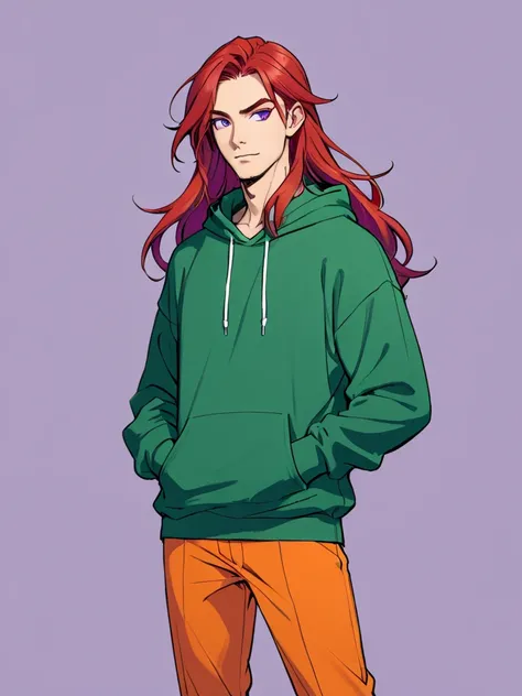 one man, ( long hair,  red hair ),  purple eyes , One разочарованный взгляд, green hoodie , orange pants , One, One, One