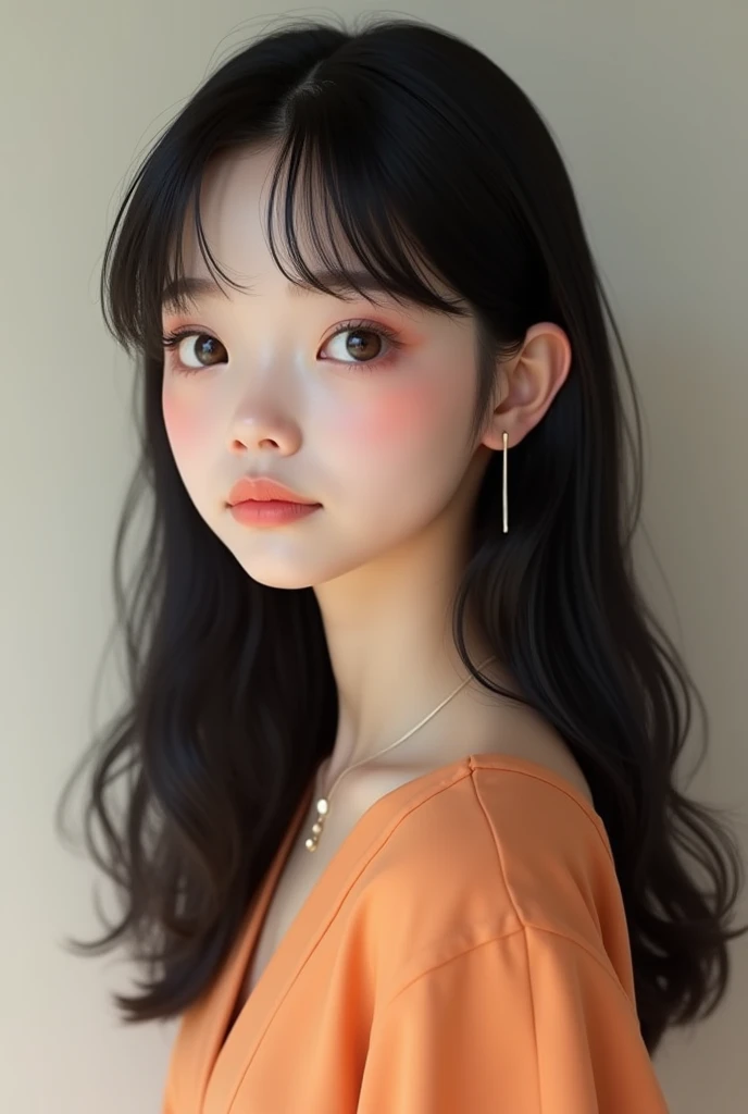  I want an image of a fair-skinned, black-haired girl.., Slightly dark eyebrows ,  face profiles , Brown eyes and straight hair. Light orange dress. Virtual photo