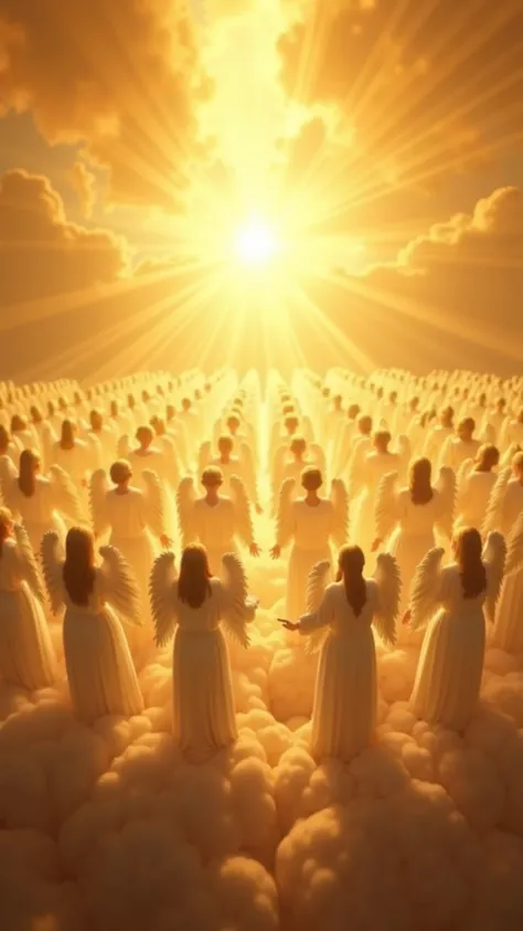 "A breathtaking heavenly scene where a vast choir of angels sings in unison, their voices resonating through the celestial realm. They stand on radiant golden clouds, arranged in harmonious rows, their wings shimmering with divine light. Each angel holds a...