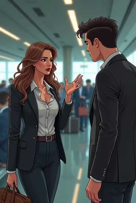 Generate a cinematic art style of a extremely attractive Businesswoman's trying to communicate in English while traveling , long hair, in business suit, open jacket, unbuttoned suit,wearing formal shirt TUCKED in skintight pants and black buckle belt, meet...