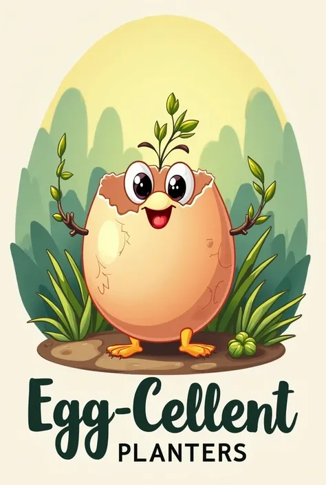 Create me a business logo. The name of the business is Egg-cellent Planters. We sell planters or ports made up of egg shells. Put the name below the logo. Cartoonize it and make it cute as possible 