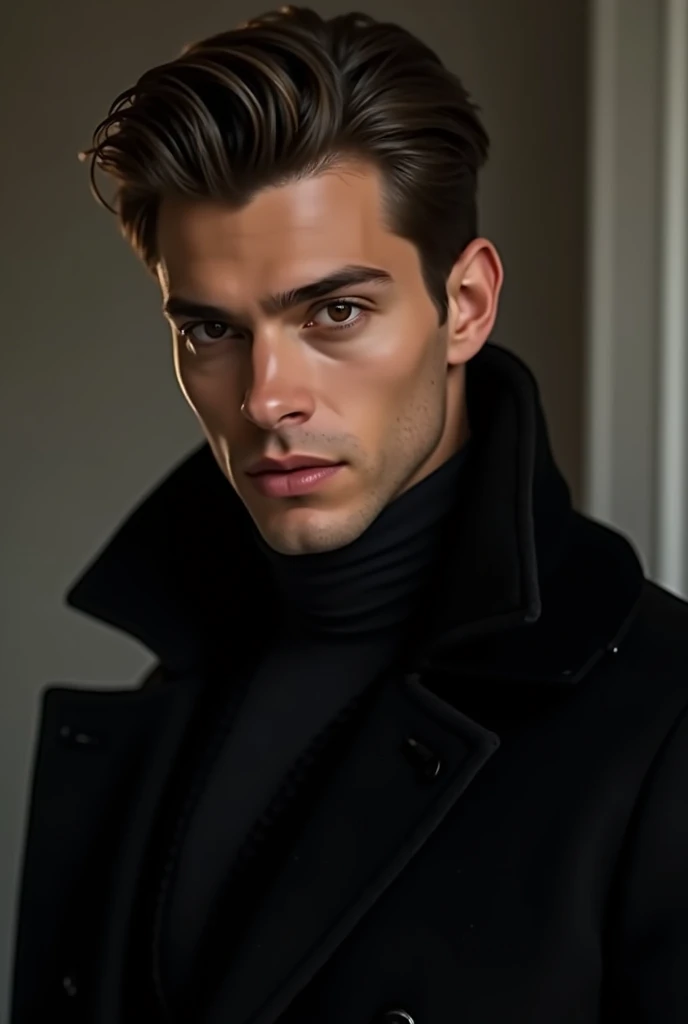 AlQuem super handsome dressed in black with brown eyes with a smooth face