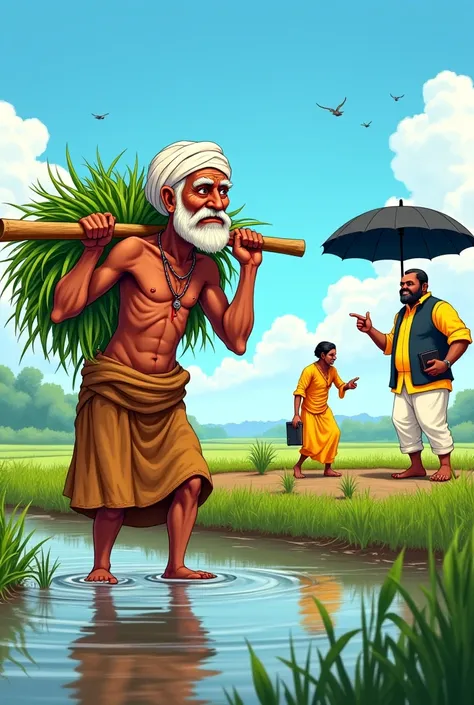 "A hardworking old farmer with a lean, tired face and a white turban carries a heavy wooden pole with bundles of green crops on his shoulders, walking through a wet paddy field. His feet are submerged in muddy water, and sweat drips from his forehead. In t...