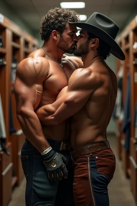 Muscular nick bosa wearing an american football uniform hugging and kissing a handsome muscular 25 year old man dressed as a cowboy. Background of the image is a locker room in a stadium