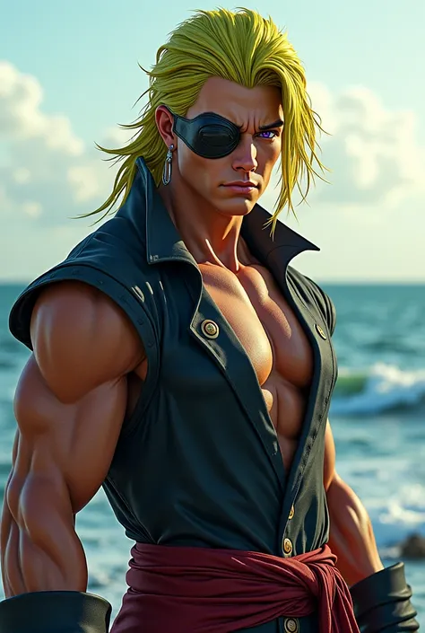 A handsome male pirate captain in his 20s who has yellow-green hair, long hair, purple eyes, looks like a parched arch with an eye mask on the left, and earrings, and has muscles