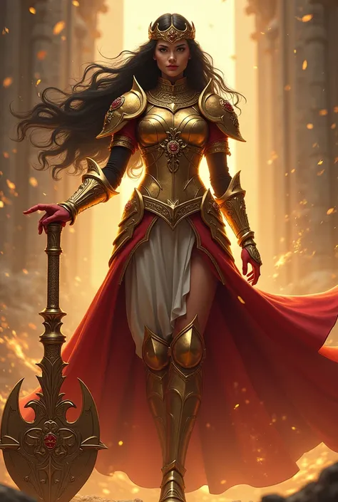  create a female paladin in shining armor and black waving hair. Sacred magic surrounds them like an aura and shows tremendous power, She is extremely present. The armour is richly decorated and testifies to a royal position.  She holds a powerful saint Ma...