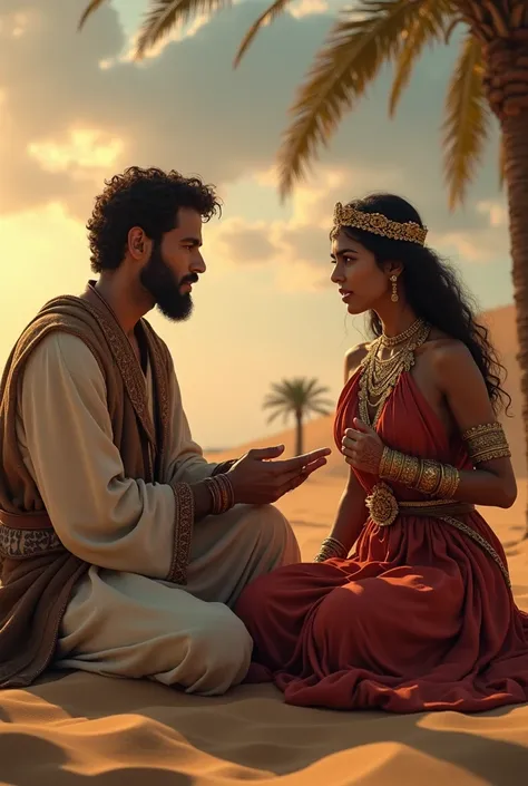 A highly detailed artistic depiction of an intense moment in pre-Islamic Arabia. The image features a young Arab man and a noblewoman sitting together in a desert setting, either among golden sand dunes or near a secluded oasis with palm trees. The man has...