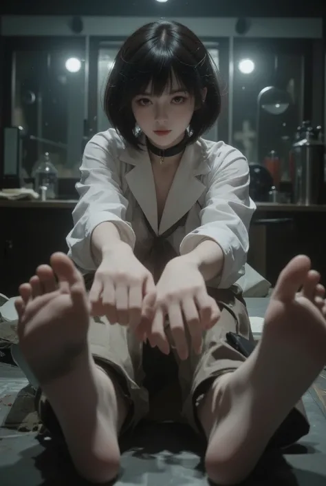 A high school girl with bob hair is completely naked and is restrained with both hands and feet on the table in the torture room