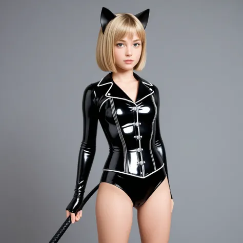  1 girl,  slim , Blond hair,  straight short hair,  small breasts,  breasts open,  zopf , Cat ears,  masterpiece ,  anatomically correct  , UHD,  super detailed , further away ,  latex black knee boots ,   latex black arm warmers long , latex black corset ...