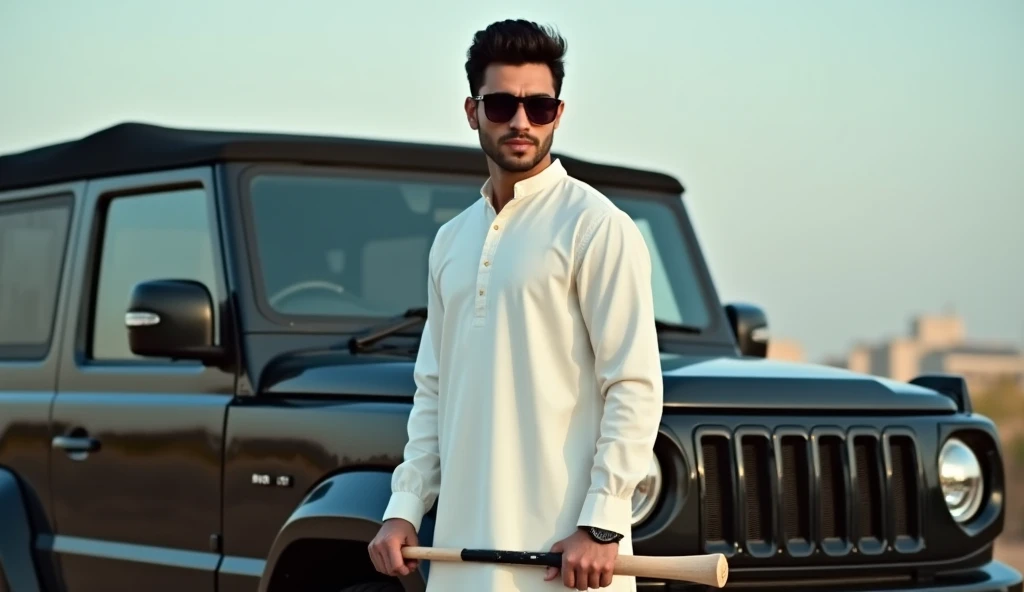 "A stylish young man wearing a white shalwar kameez and black sunglasses, holding a hockey stick in his hand. He stands confidently next to a sleek black Thar SUV, exuding a cool and composed vibe. The background includes the sleek design of the Thar car, ...