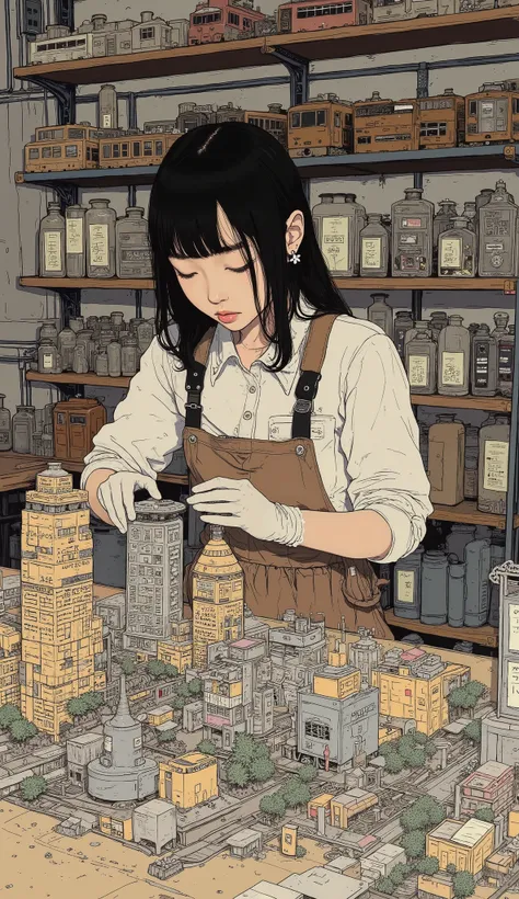 A beautiful Japanese woman is assembling a huge diorama of the Tokyo cityscape 、 Work clothes 、 wearing white gloves  、 work room  、  Many train models are lined up on the wall and bottles containing parts made of plastic models are tightly lined up on the...