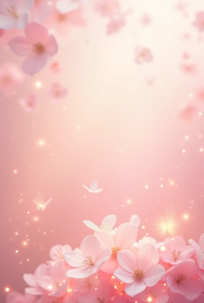 "A dreamy pastel pink background filled with soft, glowing floral patterns and delicate sparkles. The scene is adorned with subtle, floating petals and light-reflecting beads, creating a whimsical and magical atmosphere. The soft-focus effect enhances the ...