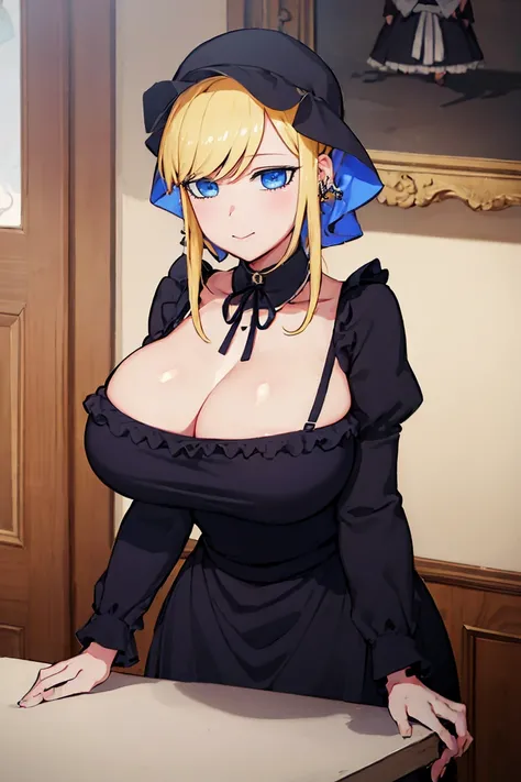 ((big tits )), ((black maid uniform)), maid hat, toplesd uniform, cleavage, blue eyes,  blonde hair, best quality, (masterpiece:1.2), indoor, cafe, room, looking at viewer, closed mouth, smile,  upperbody