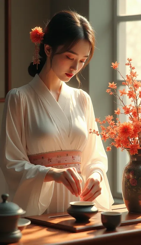 Beautiful woman has a flower arrangement next to making tea ，There is a vase of flower arrangements next to it，Tea Art，Artistic，Oriental Aesthetics，4k HD。