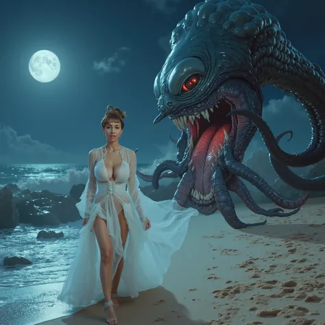 a beautiful woman with sexy venera's face dressed as Princess Leia in a translucent white sheer gown, revealing her body, with an iconic side bun hairdo, no underwear, she is walking along an alien beach by moon light where she is confronted by the (cybern...