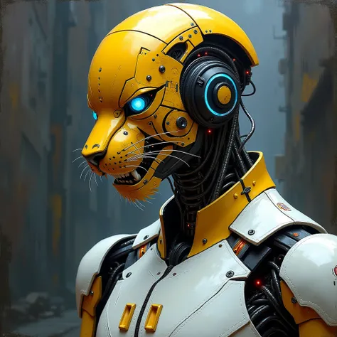 "Create an expressionist painting of a futuristic golden helmet robot with a striking, intricate cybernetics tiger mask featuring mechanical details. urban style. Use bold, expressive brush strokes to evoke emotion, incorporating a palette of stark whites,...