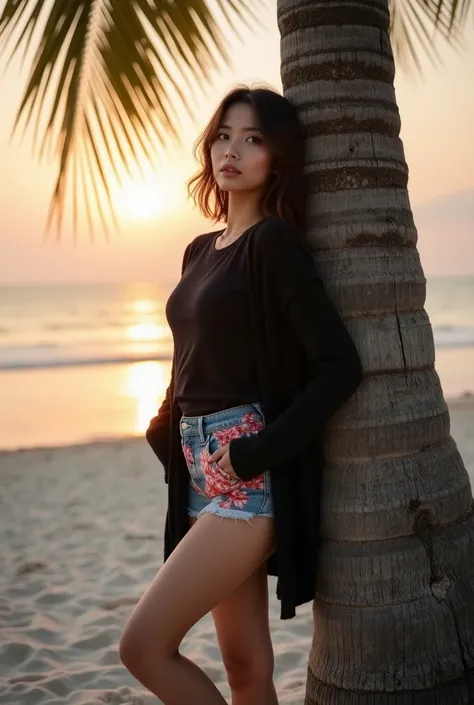  Vietnamese beautiful woman ,  wears a black t-shirt , lined with cardigan  , floral shorts, sneakers model boot , standing full body by the trunk of a coconut tree, on the beach, sideways while glancing at the camera ,  against the background of beach atm...