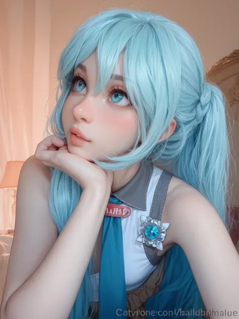 1girl, petite form, blue cyan hair, cute arms, white top, doing an expression, nice full radish lips, 