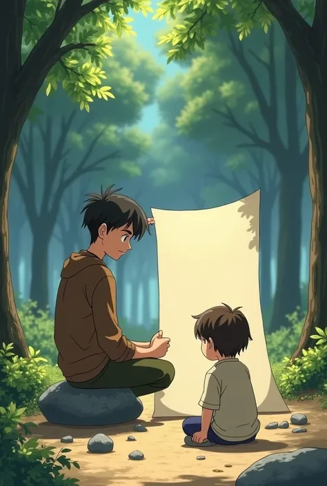 Create a anime video where real here is sad and sitting near pound and throwing stones a girl come and hit hero with stone the hero look behind and found a big role of paper he started opening it is too long he is opening and opening and opening then the t...