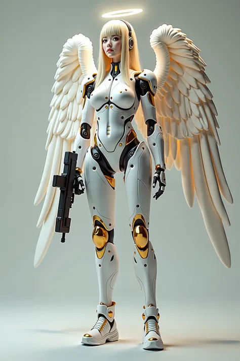  full body shot, ((angel)), Closeup of a woman in a white and gold costume,  ginoid cyborg body ,  biomechanical big boobs,  BEAUTIFUL WHITE WOMAN CYBORG ,   Perfect Anime Cyborg Woman  , cute  cyborg girl ,  perfect android girl , Perfect cyborg woman,  J...