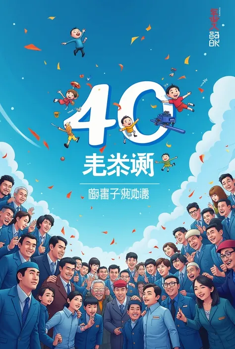 40th anniversary poster of telecommunication company with design ala2 Chinese Chinese Chinese celebration card with the word ZTE on the poster with blue atmosphere and the presence of many characters of workers with cartoon theme with slogan Zhong Xing Tel...