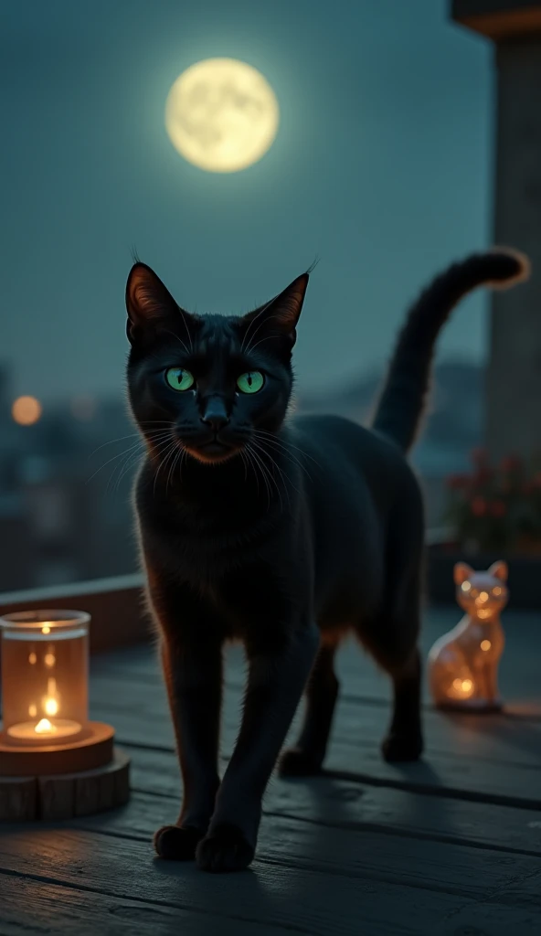 "A sleek black cat walks gracefully across a moonlit rooftop, its emerald-green eyes glowing in the darkness. Its fur is smooth, and it moves with silent elegance.

Beside the cat, a beautiful glass sculpture of a feline figure sits on a wooden shelf, refl...