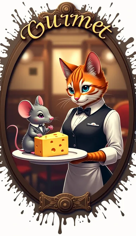 Color logo, splash style, splatter. Dynamic plot. Cartoon. In an elite restaurant, a cute cat dressed as a waitress offers the mouse a piece of cheese on an expensive platter to an elegant mouse. Round frame with an inscription along the contour of the fra...