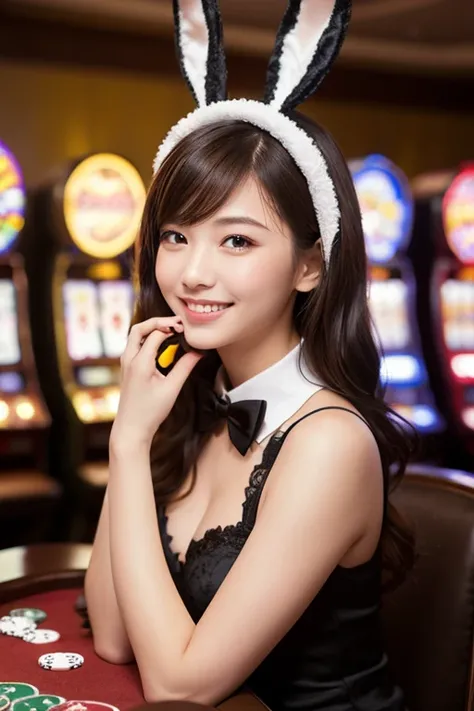 A beautiful young woman with long, wavy brown hair and a charming smile, wearing a black bunny costume with a bow tie and bunny ears. She is sitting at a casino table, leaning slightly forward with her hand resting on her cheek, looking directly at the vie...