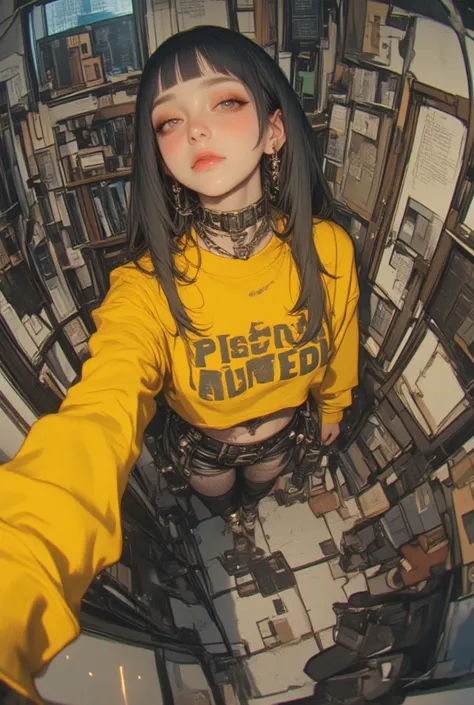  fisheye wide angle  ,   and the cropped yellow sweater  ,   fisheye wide angle  １ of Mori Gutterpunk women  ,   wearing leggings and trainers 、The expression and outfit are 、 evokes a pastel-core punk aesthetic with bold makeup and accessories,  high angl...