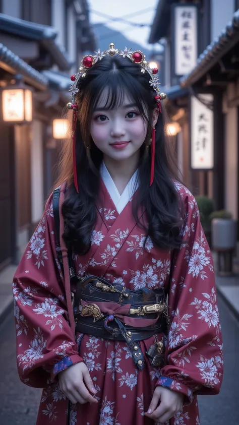  A Chinese Girl ，20 years old， Face Soft ， Goose Face， Bright Almond-Shaped Eyes，Purple Eyeshadow，long hair，Ancient City，street， Takayama， Calm Sky ，繁華的street，Night falls ， Red Cheeks ， Wearing a Hansel，Smile Optimistic 。