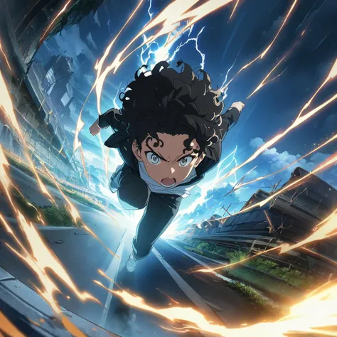 1male, (male with short black curly hair), running, speed, lightning, anime, shounen, cool, rich in detail, long shot, wide angle, (masterpiece, best quality, aesthetic, heavenly), 4k