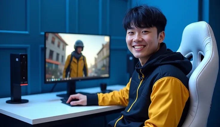 A 21-year-old Asian male content creator with short black hair, wearing a stylish golden and black sports jacket sits confidently in a premium white gaming chair. He has a bright smile and is looking directly at the camera. . The background features a mode...