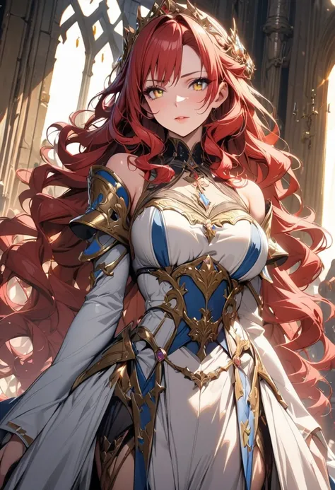 princess, sword, beautiful, pretty, red hair, blue eyes + yellow eyes, wavy hair, high detail, high quality, mature