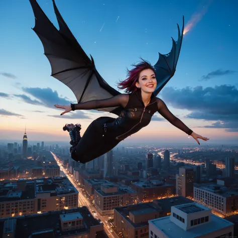  Realistic, Cybergoth girl flying on the back of a big flying dragon, hair in the wind, Flying over the city at night, Grasped tightly, Happiness on your face