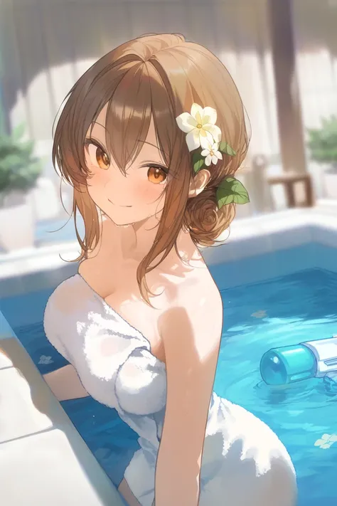  pool　Shoot with a water gun　 soaked　 long brown hair　　　 wrap a bath towel　Beautiful　 flower hair ornament　 is bashful　smile　whole body