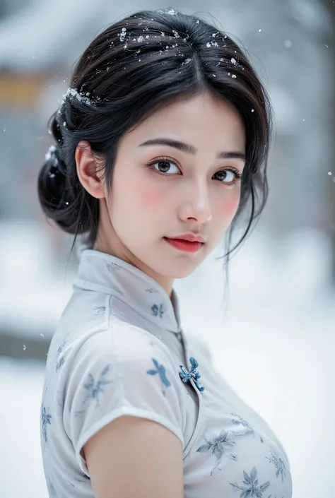 Wearing a white printed cheongsam, fair skinned, close your mouth and smile,Winters,23 year old girl,high quality,looking at camera,facing the audience,Snowing day,real person,Beautiful and delicate girl, Very detailed eyes and face,fine details,Unite,8k w...