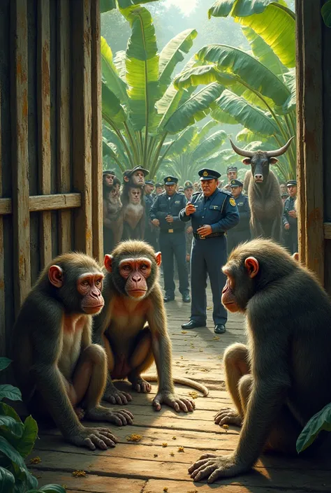 Justice and Celebration – Captured monkeys sitting regretfully in a wooden cage, while the bulls and police celebrate in the banana grove, now restored and full of life.